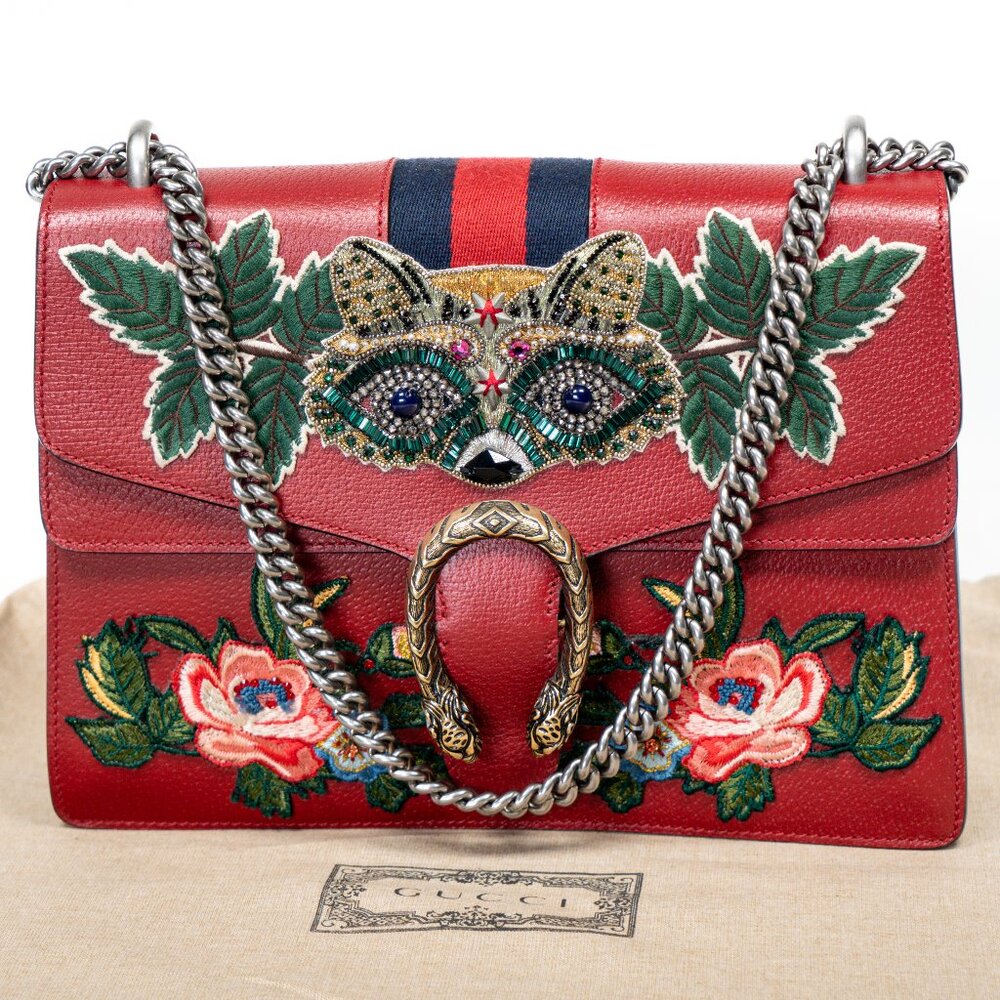 GUCCI Dionysus Red Jewel Raccoon Embroidered Floral Patchwork Shoulder Bag